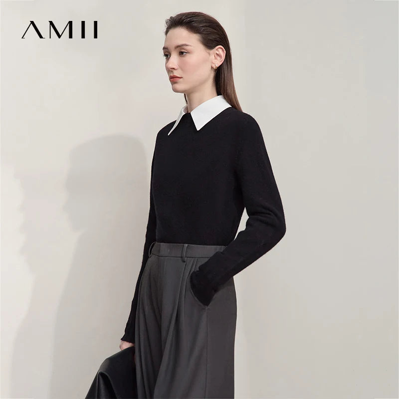 AMII Wollpullover mit V-Ausschnitt, langarm, einfarbig schwarz