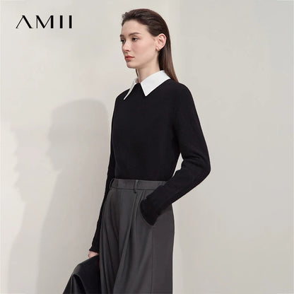 AMII Wollpullover mit V-Ausschnitt, langarm, einfarbig schwarz