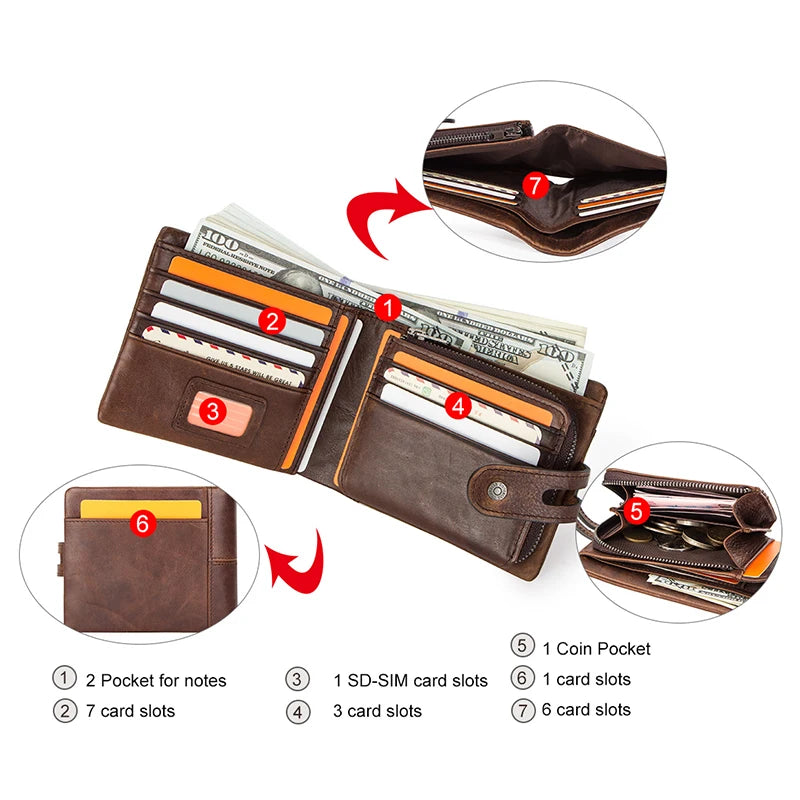 Herren Echtleder Geldbörse Bifold Vintage RFID Kartenhalter Geldclip Münzfach Reise