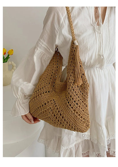 Damen Tote Bag Beach Woven Travel Shoulder Crossbody Purse