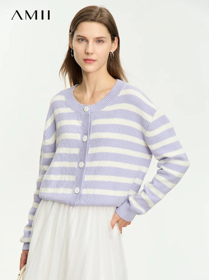 Damen-Strickjacke Baumwolle-Wolle Streifen Kontrastfarben locker Herbst