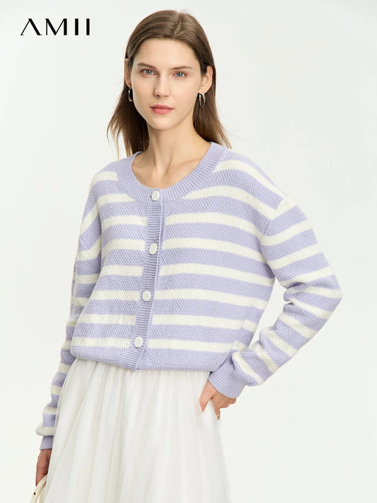 Damen-Strickjacke Baumwolle-Wolle Streifen Kontrastfarben locker Herbst