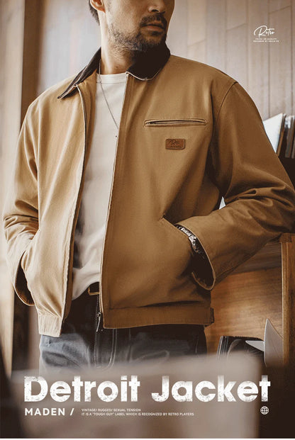 Herren Jacke Retro Canvas Detroit schwere Taschen Reverskragen Reißverschlussmantel
