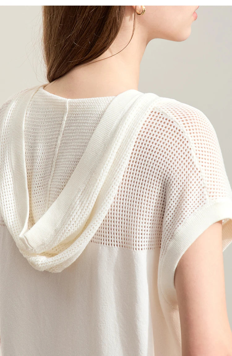 Damen-Kapuzenpullover Viskose Kurzarm locker Patchwork Sommer