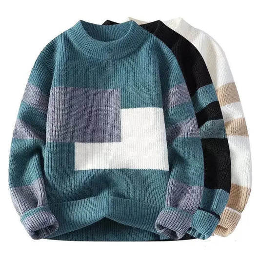 Herren-Pullover aus Nerzfell mit Stehkragen und Kontrastfarben – modisch, warm und dick gestrickt für Herbst und Winter