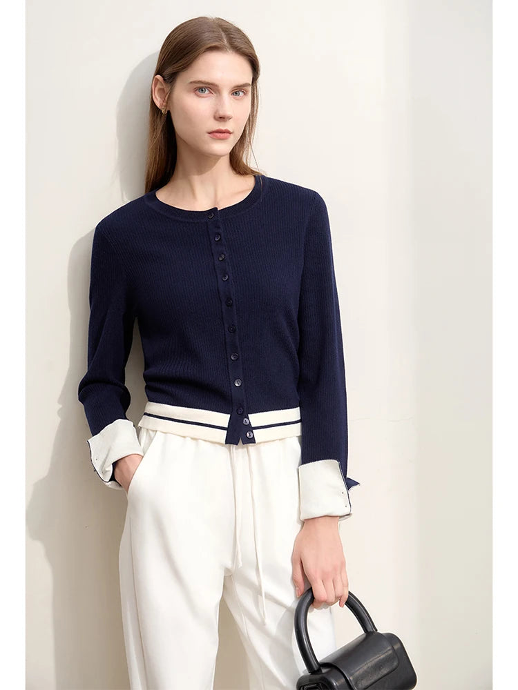 Damen-Strickjacke Rundhals Wolle Streifen kurz Pendler Slim Herbst
