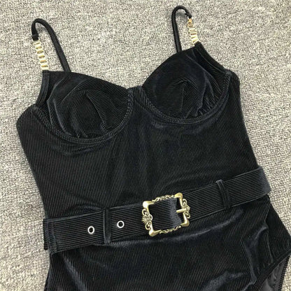 Damen-Badeanzug Rippe Gürtel High-Cut Bodysuit einteilig