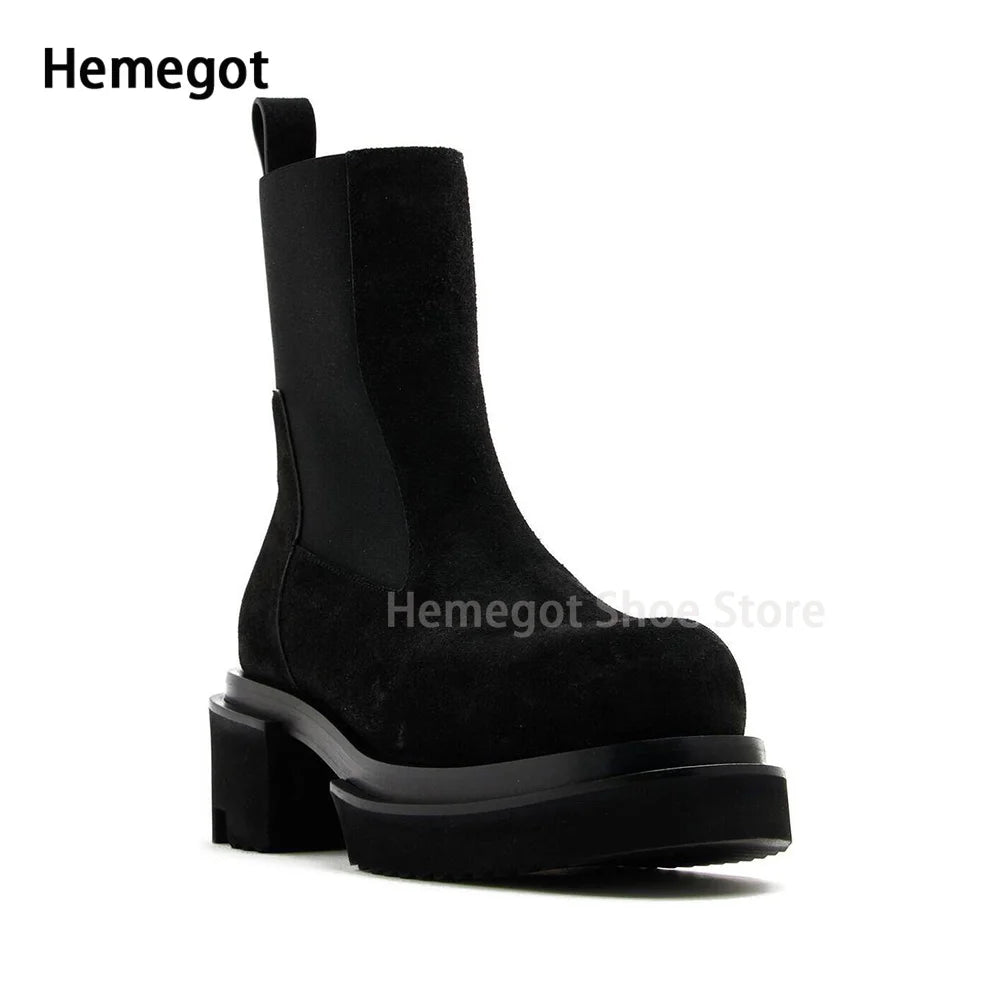 Herren-Chelsea-Stiefel mit breitem Blockabsatz und Profilsohle, elastischer Schaft, schwarz