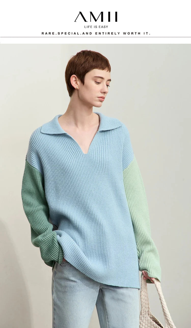 Damen V-Ausschnitt Pullover Patchwork Raglan locker Herbst-Winter