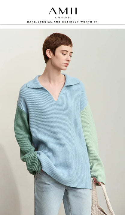 Damen V-Ausschnitt Pullover Patchwork Raglan locker Herbst-Winter
