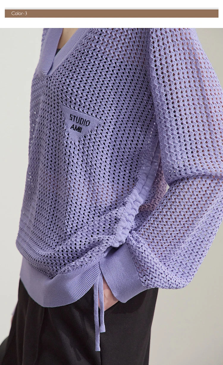 Lässiger Strickpullover mit V-Ausschnitt, offene Maschen, lange Ärmel, lilafarben