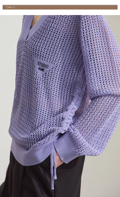 Lässiger Strickpullover mit V-Ausschnitt, offene Maschen, lange Ärmel, lilafarben