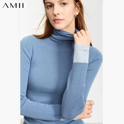 Damen-Rollkragenpullover Wolle Slim Patchwork-Splicing Herbst-Winter