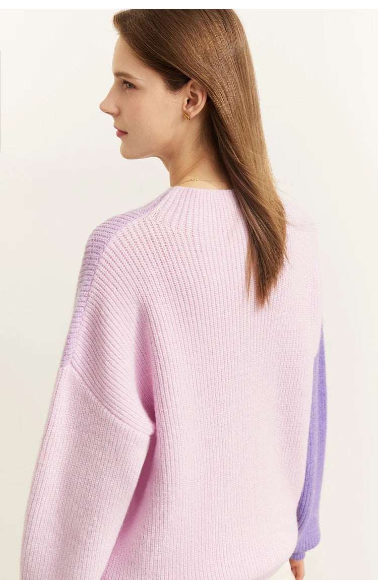 AMII Pullover Damen, Rundhals, pastellrosa Strickpullover mit violettem Ärmelblock