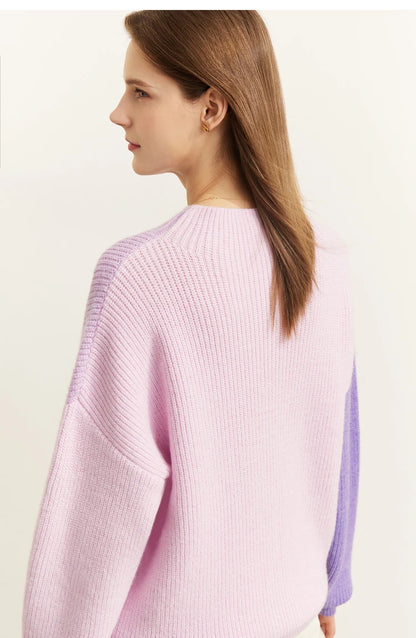 AMII Pullover Damen, Rundhals, pastellrosa Strickpullover mit violettem Ärmelblock