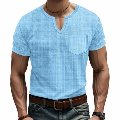 Herren-Casual-Poloshirt mit V-Ausschnitt, Brusttasche und Knopfleiste – vielseitiges, einfarbiges Business-T-Shirt