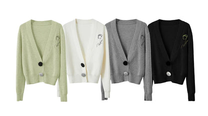 Damen-Strickjacke V-Ausschnitt Stickerei locker Langarm Herbst