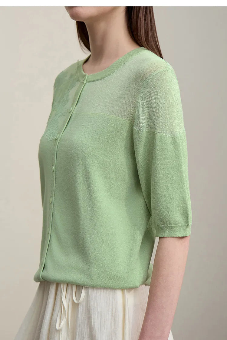 Damen-Strickjacke Viskose Spitzen-Patchwork Kurzarm offen Büro Sommer