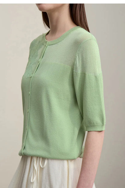 Damen-Strickjacke Viskose Spitzen-Patchwork Kurzarm offen Büro Sommer