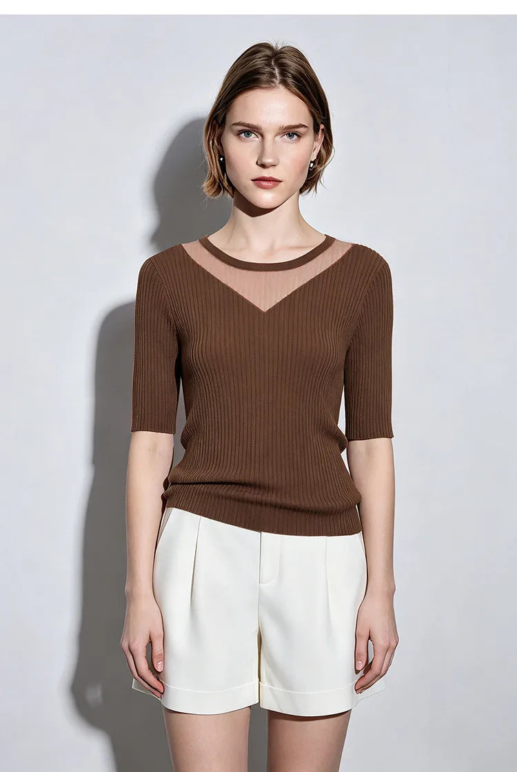 Damen-Rundhalspullover Mesh-Panel Slim Kurzarm Viskose Sommer