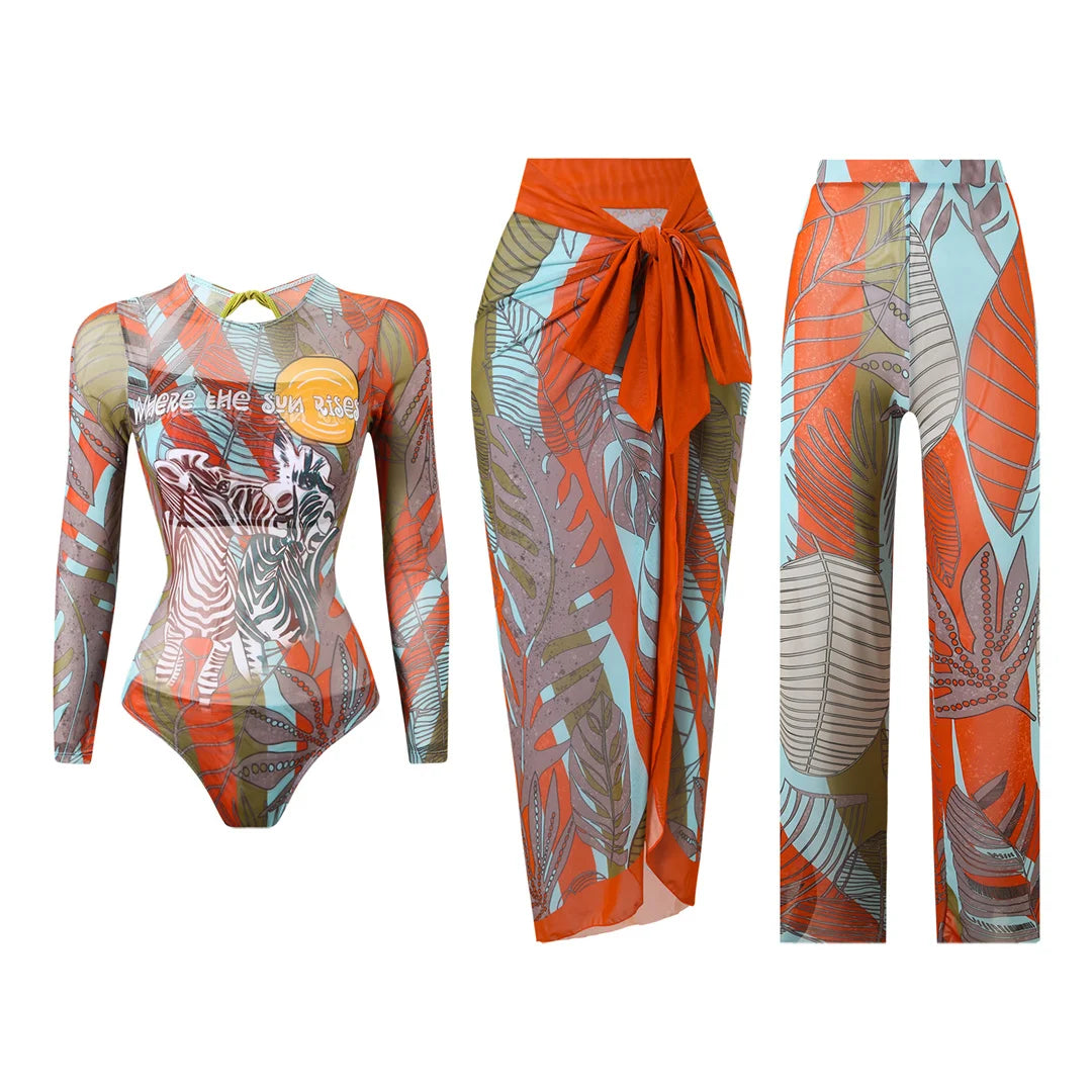 Damen-Badeanzug 3-teilig Print Langarm Sarong-Set gepolstert