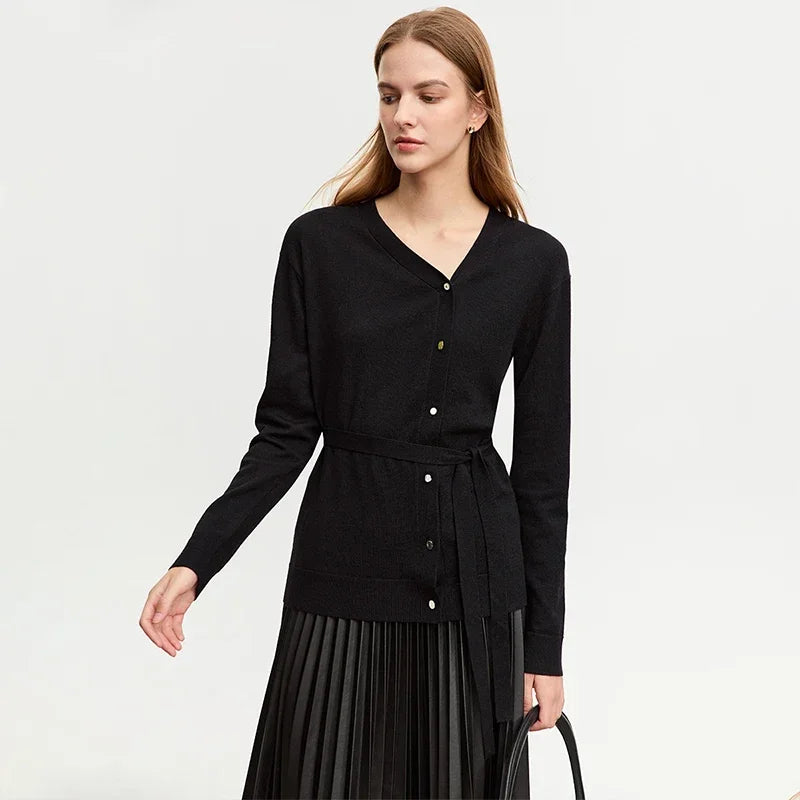 Damen-Strickjacke V-Ausschnitt chinesischer Stil Gürtel Langarm Herbst