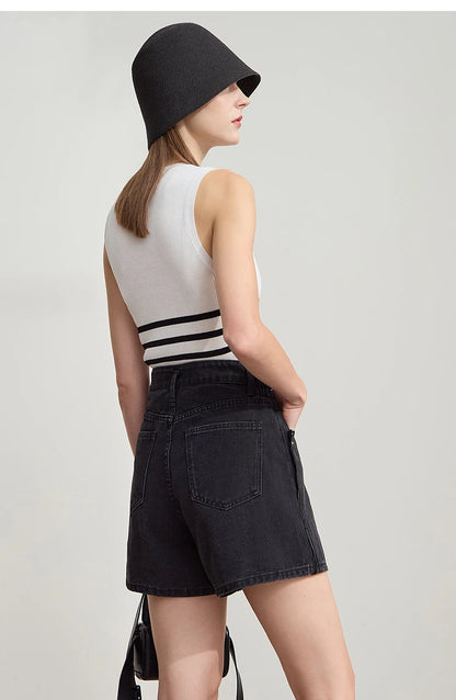 Damen Shorts Baumwoll-Denim Lässig Locker Gerade Vintage Modische Taschenjeans