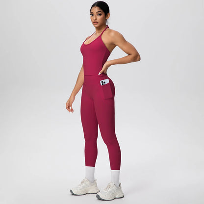 Damen-Yoga-Set in Rot: ärmelloses Top und Leggings mit Handytasche
