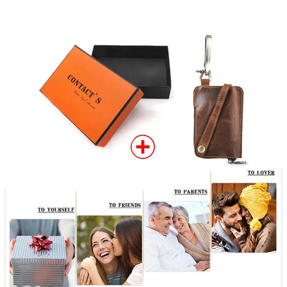 Set aus braunem Schlüsselhalter-Etui und orange-schwarzer Geschenkbox