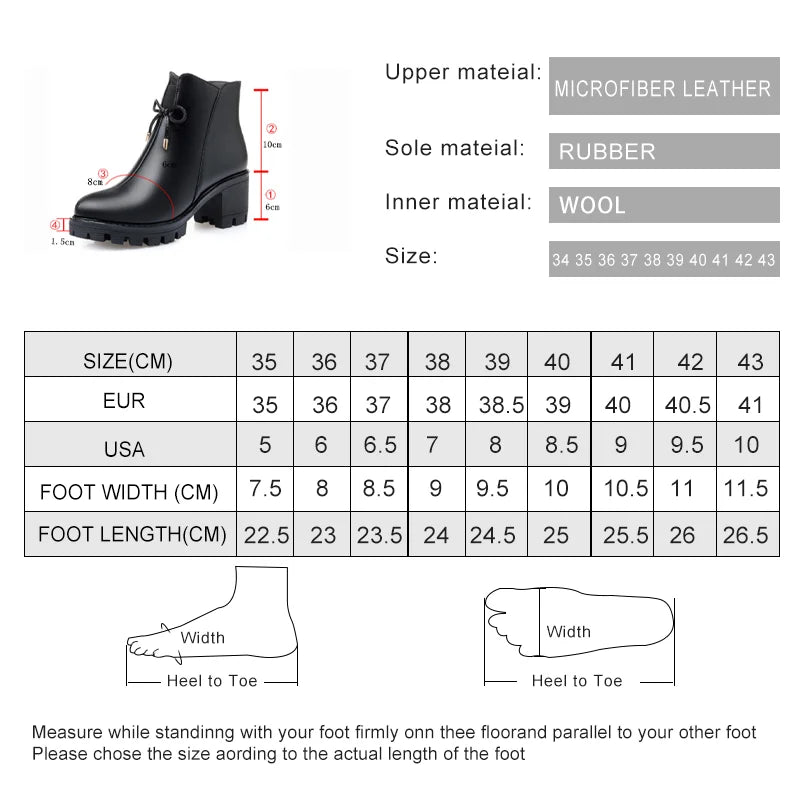 Größentabelle für Winterstiefeletten: Größen 35–43, Absatzhöhe und Fußlänge