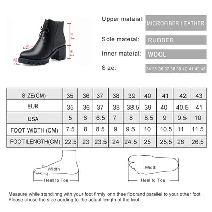 Größentabelle für Winterstiefeletten: Größen 35–43, Absatzhöhe und Fußlänge