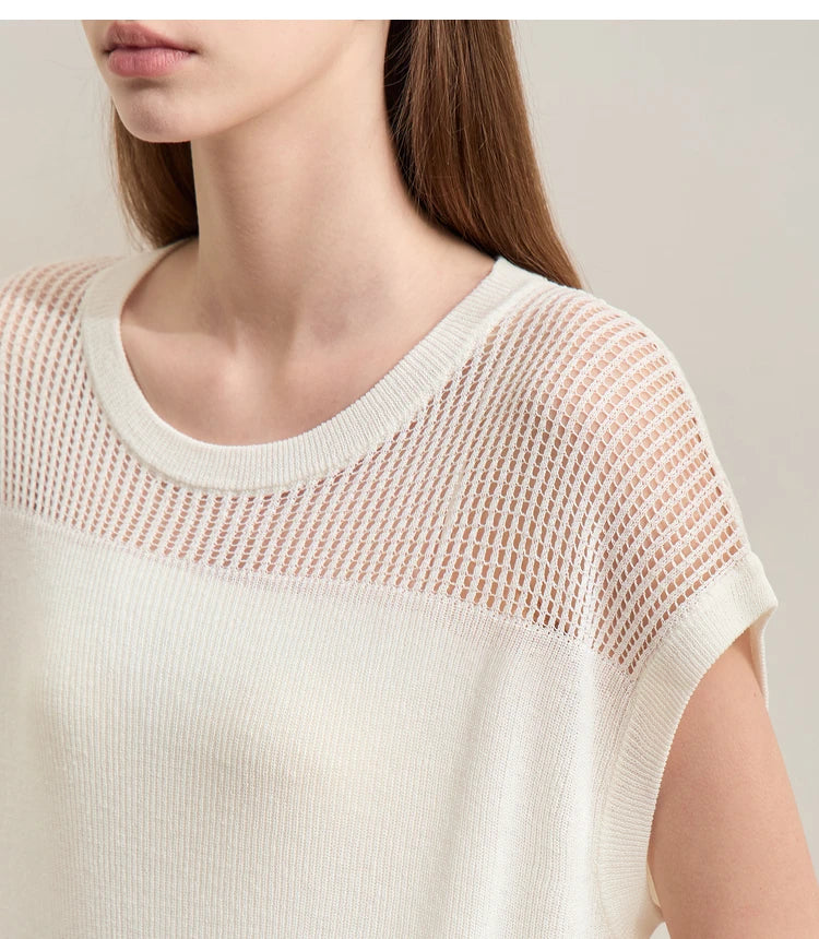Damen-Rundhalspullover Aushöhlung Lyocell-Leinen locker lang Schlitz Herbst