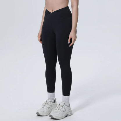 Nahtlose schwarze Yoga-Leggings für Damen, eng anliegend, überkreuzte Taille