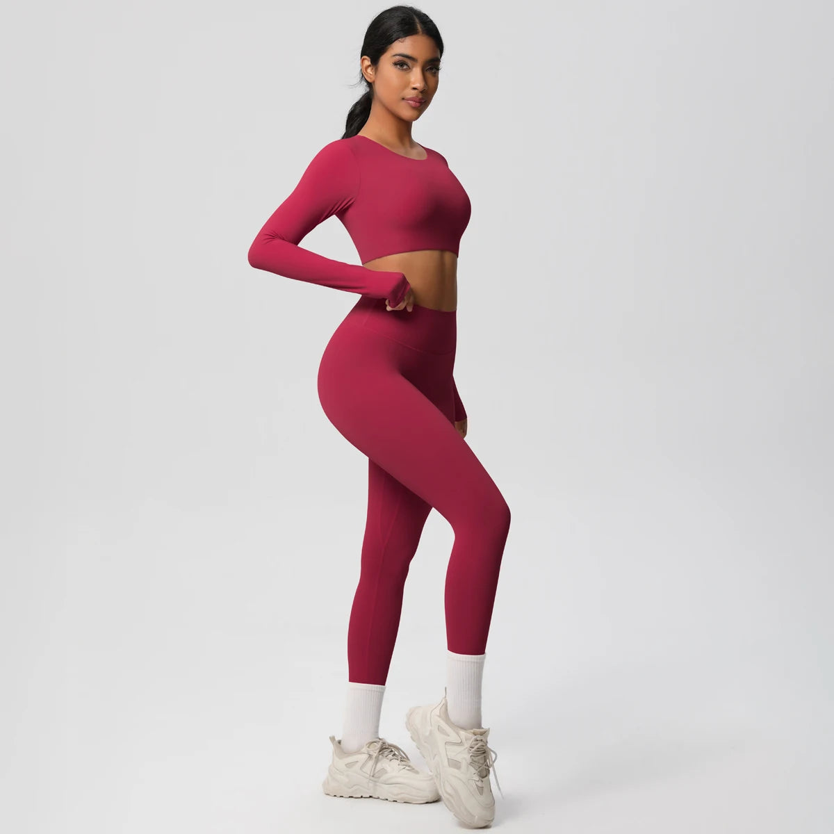 Yoga-Set mit langarmigem Crop-Top und Leggings, dunkelrot