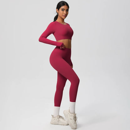 Yoga-Set mit langarmigem Crop-Top und Leggings, dunkelrot