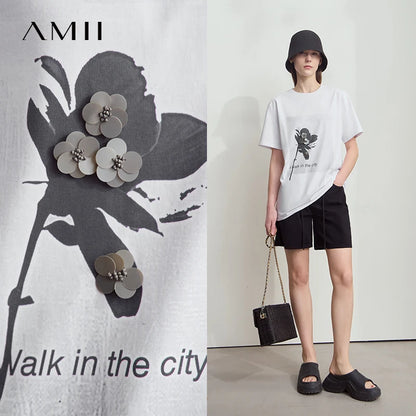 Damen T-Shirt mit minimalistischem O-Ausschnitt und Pailletten-Verzierung