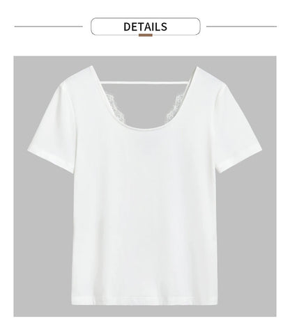 Damen T-Shirt aus mercerisierter Baumwolle mit V-Ausschnitt und Spitzen-Detail