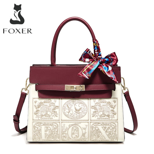 Damen Schultertasche aus Splitleder mit Stickerei im chinesischen Stil