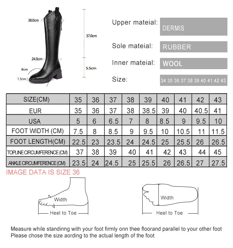 Größentabelle für lange Stiefel mit Maßübersicht zu Breite, Länge und Knöchelumfang