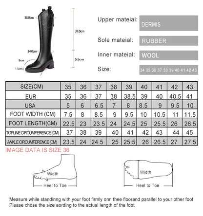 Größentabelle für lange Stiefel mit Maßübersicht zu Breite, Länge und Knöchelumfang