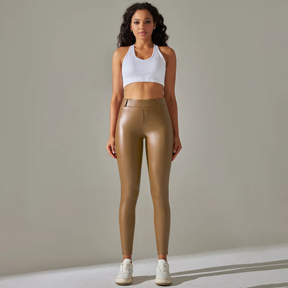 Damen-Kunstleder-Leggings mit hoher Taille, braun, glatte Oberfläche, schmal zulaufend