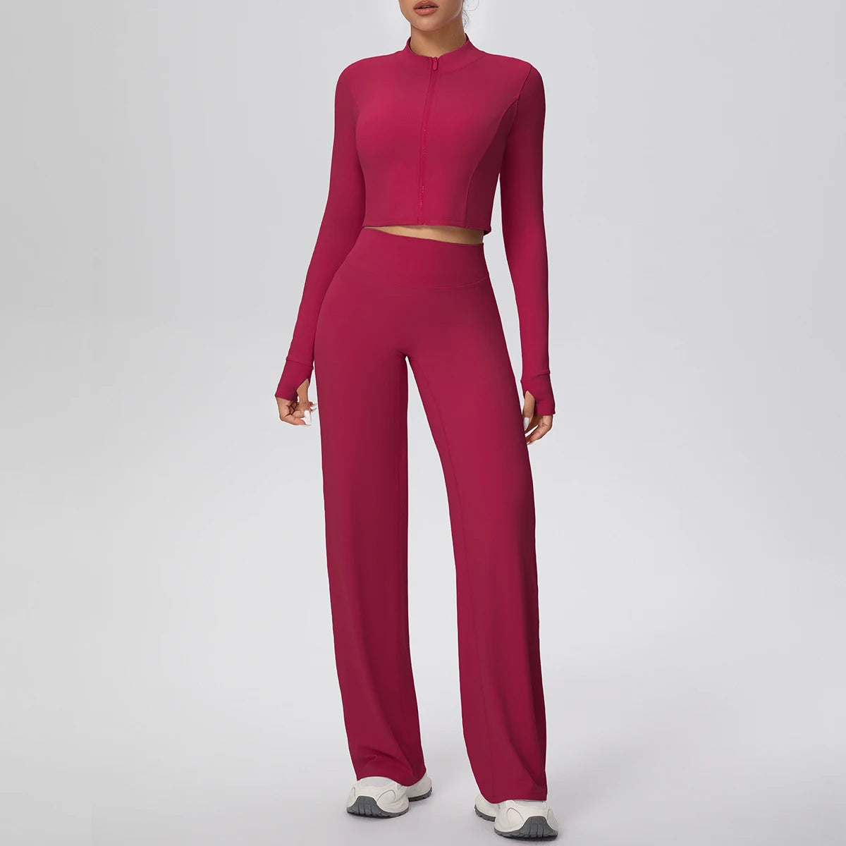 Bordeauxfarbenes Yoga-Set mit Zip-Top und weitem Gymnastik-Hose aus Nylon