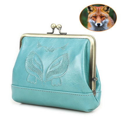 Damen Echtleder Münzbörse Vintage Fuchs Stickerei Klickverschluss Kartenfächer