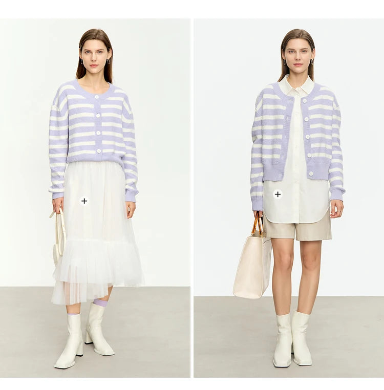 Damen-Strickjacke Baumwolle-Wolle Streifen Kontrastfarben locker Herbst