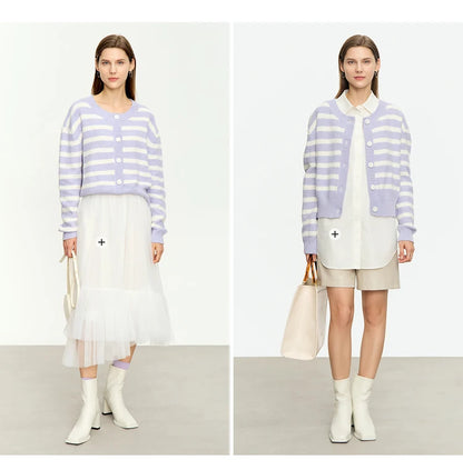 Damen-Strickjacke Baumwolle-Wolle Streifen Kontrastfarben locker Herbst