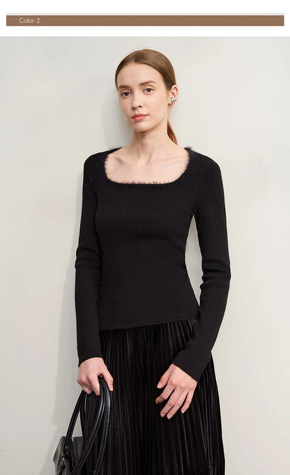 Damen-Pullover mit quadratischem Ausschnitt, Langarm, schwarzer Feinstrick