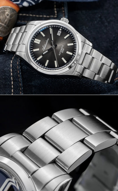 Herren-Vintage-Automatikuhr mit Sunburst-Zifferblatt und gewoelbtem Saphirglas