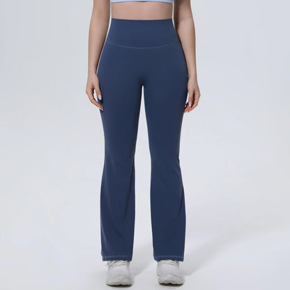 Damen-Yogahose, lang, dunkelblau, High-Waist Bund, weites Bootcut-Modell