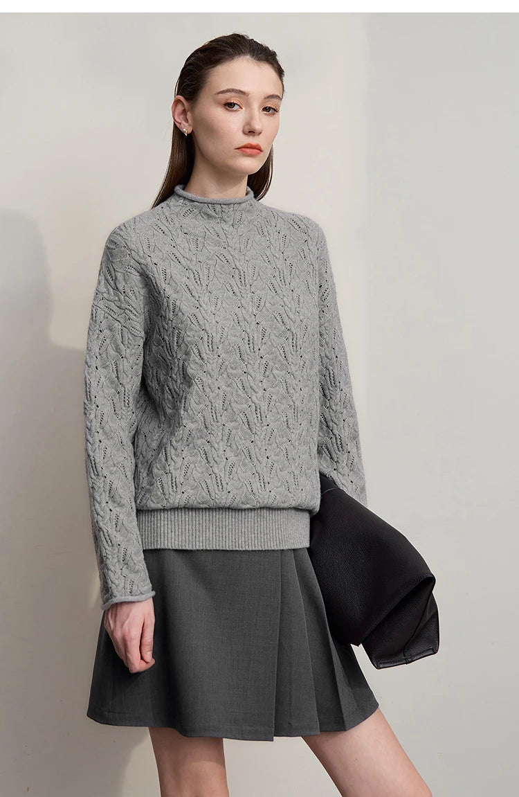 Damen-Strickpullover mit Stehkragen, langarm, grau meliert, Detailansicht Vorderseite