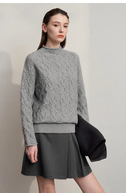 Damen-Strickpullover mit Stehkragen, langarm, grau meliert, Detailansicht Vorderseite